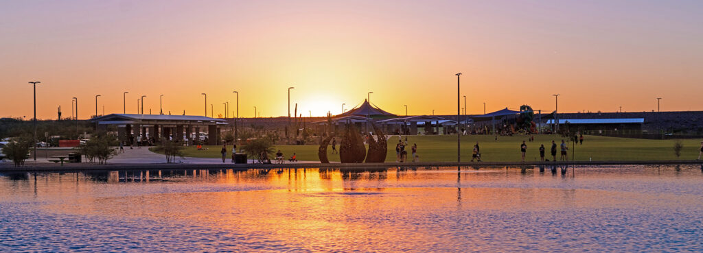 landscape of peoria arizona with waterview in the foreground