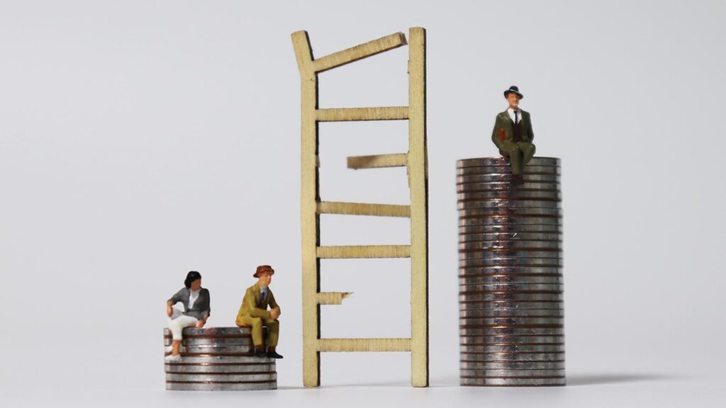 cartoon style image of two men sitting on a short stack of coins and one man sitting on a large stack of coins with a ladder between the stacks