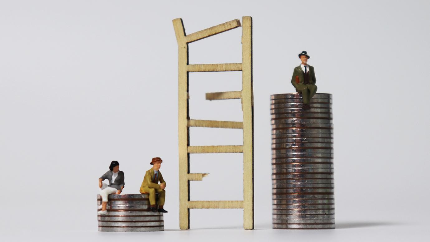 cartoon style image of two men sitting on a short stack of coins and one man sitting on a large stack of coins with a ladder between the stacks