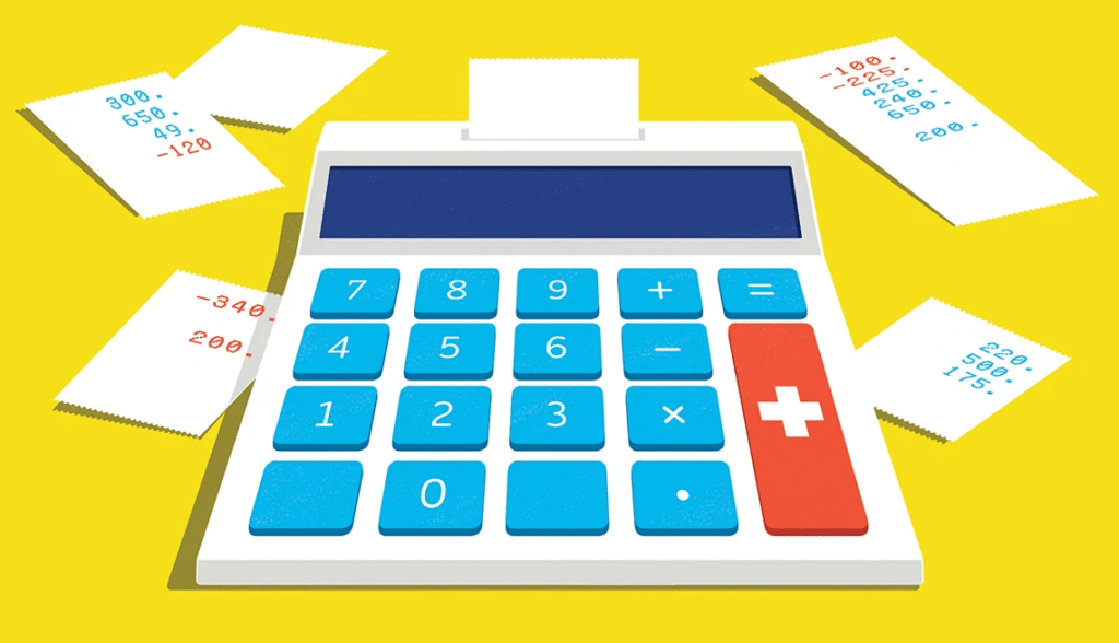 clipart of a calculator with papers laying around it